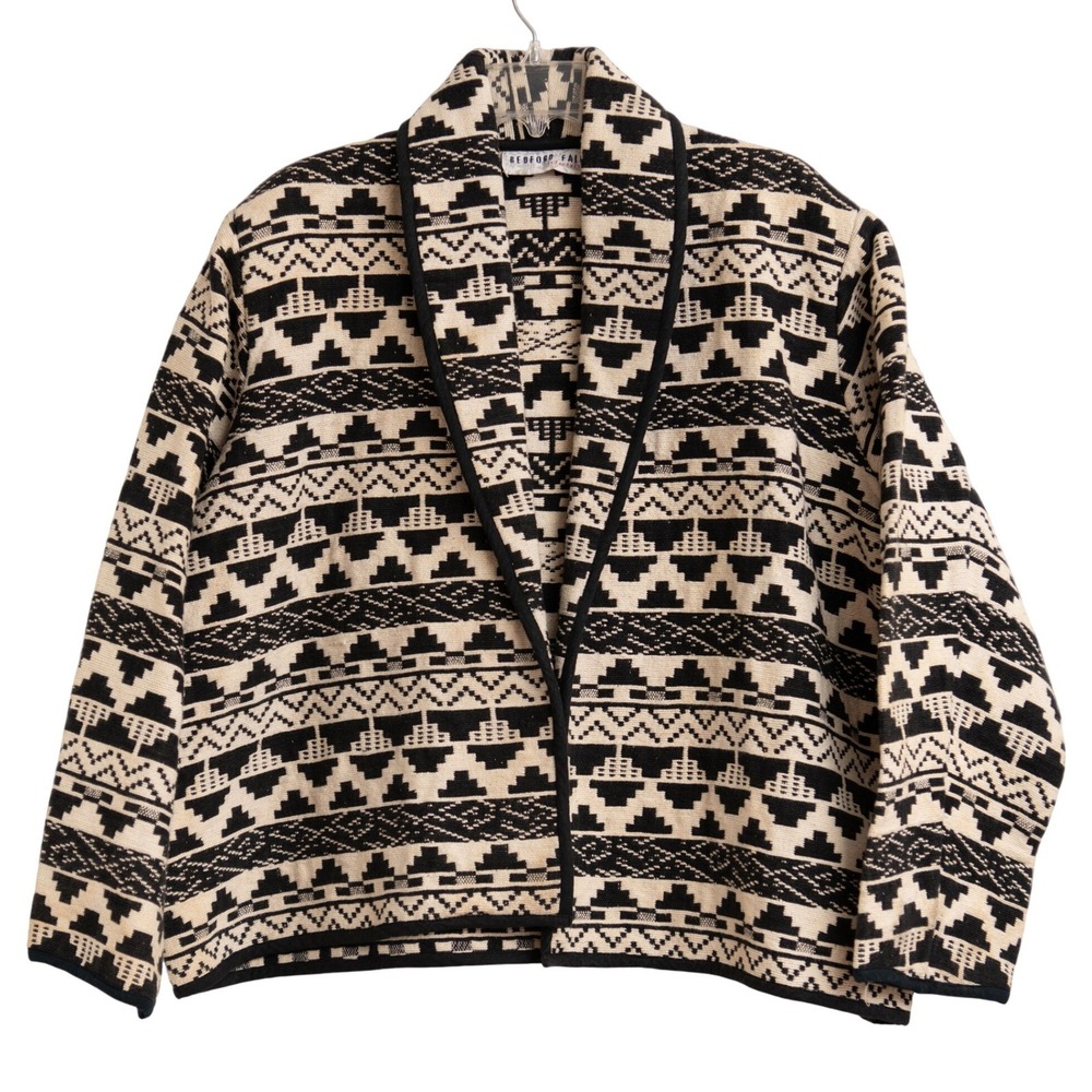 VTG Tapestry Jacket Sz 2XL Black Cream Tribal Aztec Geometric Pattern Southwest